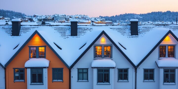 Enchanting winter landscape featuring warm homes covered in snow illuminated by a gentle evening light