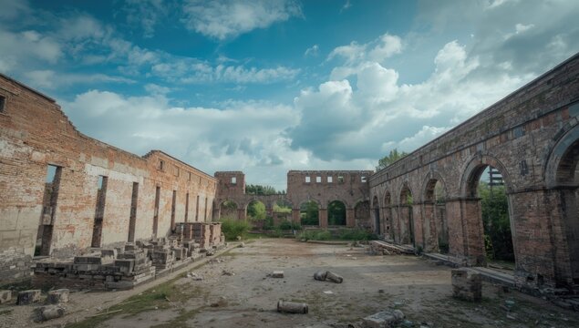 Ruins of an Abandoned Building Under Cloudy Sky with Greenery
