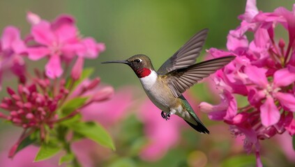 Naklejka premium Ruby-Throated Hummingbird Flying Among Pink Flowers - Close-Up, Vibrant, Nature Scene