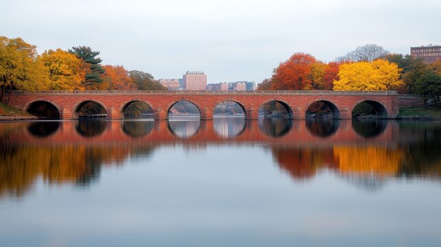 Stunning autumn reflection of a historic bridge over calm waters surrounded by colorful foliage