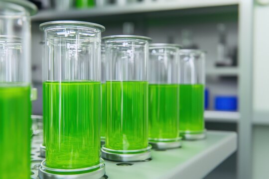 Colorful test tubes filled with bright green liquid in a laboratory setting for scientific exploration