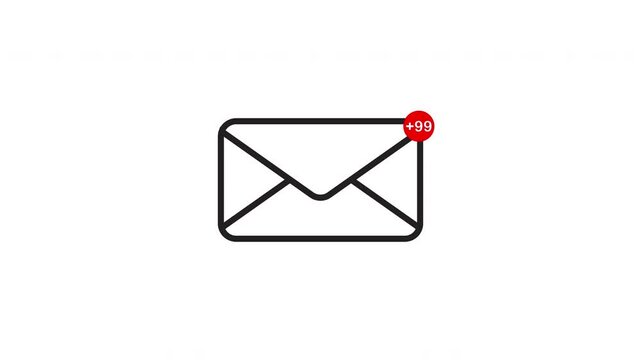 Email Notification icon with roughness box and number +99 white animation, message count icon animation concept with red circle on transparent background,  4k video