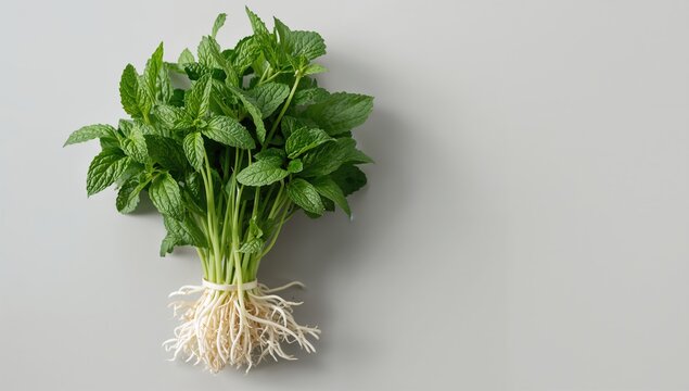 Fresh Mint Plant with Roots Isolated on Gray Background