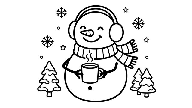 A cute snowman coloring page featuring a happy character wearing earmuffs and a scarf holding a warm mug