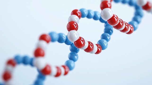 Colorful representation of dna structure with blue and red molecules on a light background