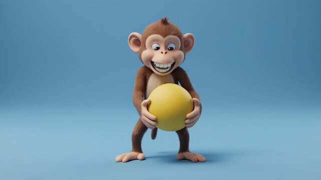 Cute cartoon monkey character posing with a yellow ball in studio lighting