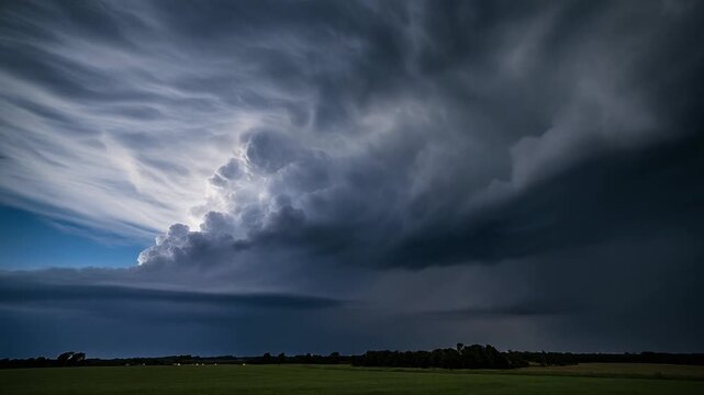 A powerful supercell thunderstorm erupts with dramatic dark clouds illuminated by lightning, showcasing nature's immense forces over a vast agricultural landscape under a turbulent twilight sky