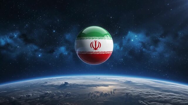 Iran flag globe floating above Earth in cosmic space starfield view 4k