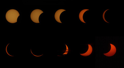 Solar eclipse phases sequence showing moon's transit over sun in a celestial astronomy event on dark background © Alejandro