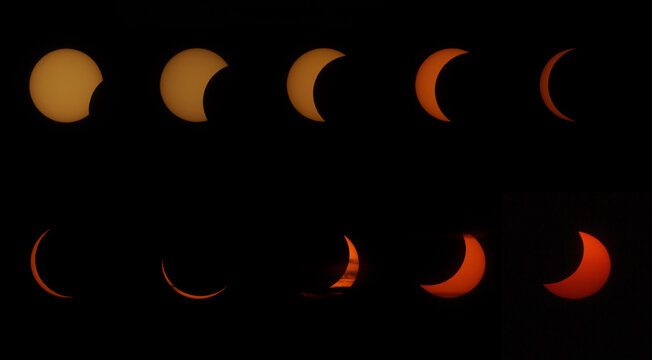 Solar eclipse phases sequence showing moon's transit over sun in a celestial astronomy event on dark background
