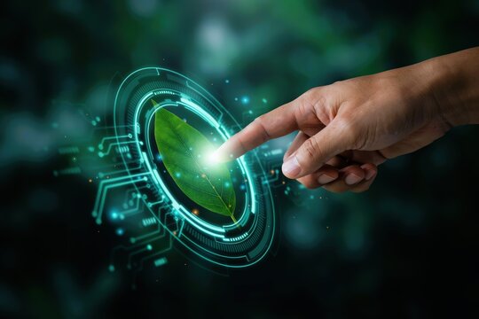 A hand touching a glowing digital leaf. Green energy technology concept.