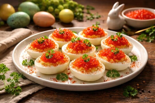 Deviled Eggs Topped with Red Caviar on a Rustic Table with Easter Decor