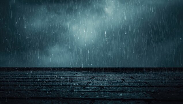 Rain Falling on Dark Pavement Under Stormy Clouds