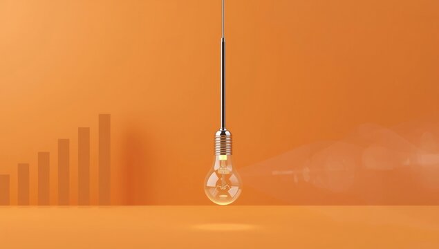 Hanging Light Bulb Against a Warm Orange Background with Graph Elements