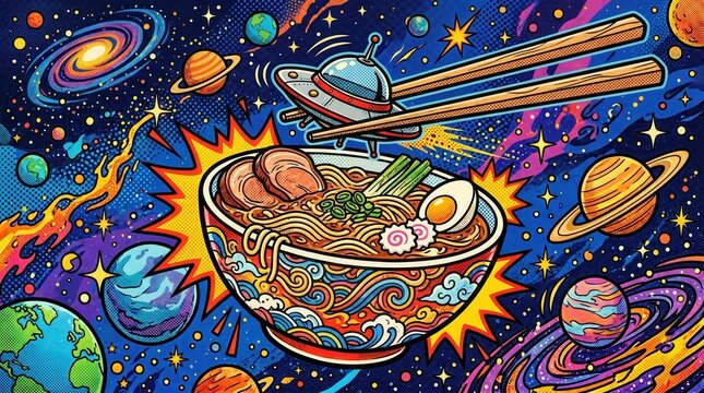 Steaming bowl of ramen noodle soup floating in outer space. Colorful cosmic background filled with planets and stars.