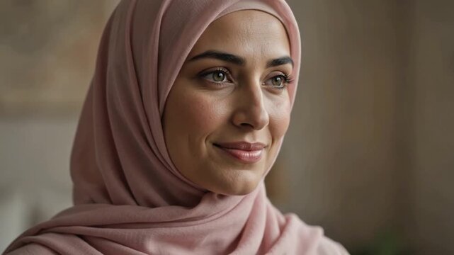 Beautiful Muslim woman wearing hijab in warm natural light portrait 4k