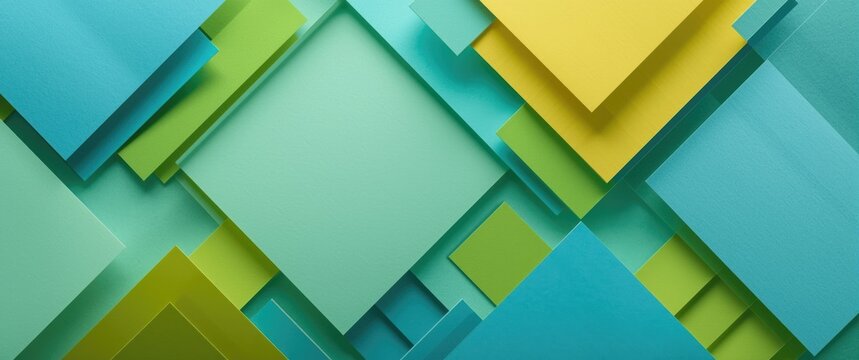 Abstract Layered Paper Squares in Aqua Green and Yellow Tones