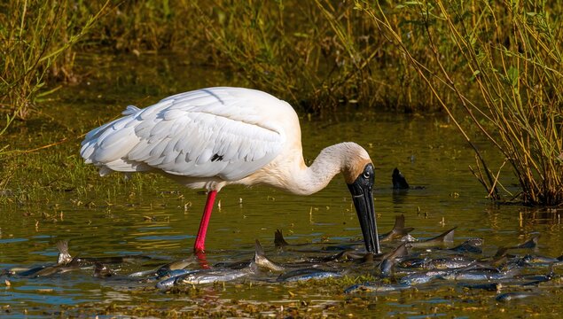 Roseate Spoonbill Feeding on Fish in Shallow Water Among Wetland Vegetation
