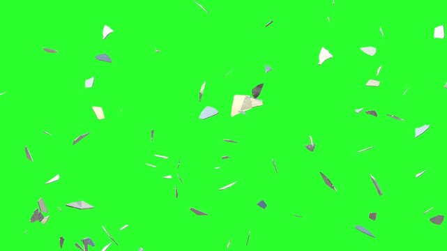 3D Animation of a flying shards of glass in slow motion. Greenscreen