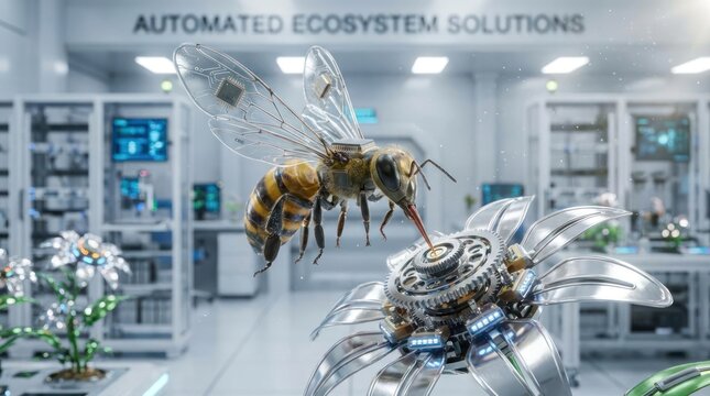Robotic bee pollinating mechanical flower in high-tech lab.