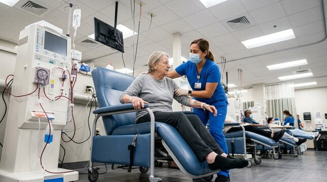 Dialysis Center Technician Helping a Lightheaded Patient Sit Back Down Safely - Hospital Patient Safety Care