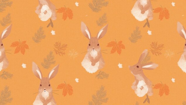 Cute Bunnies Surrounded by Autumn Leaves on an Orange Background