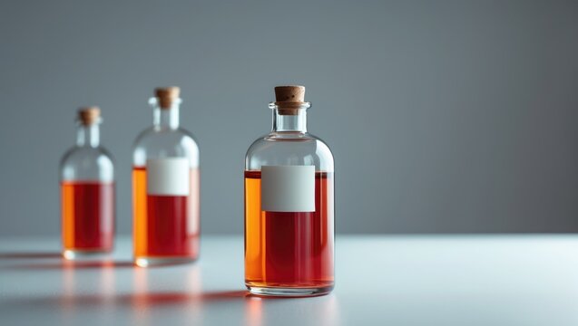 Three Glass Bottles with Cork Stoppers and Red Liquid on a Table