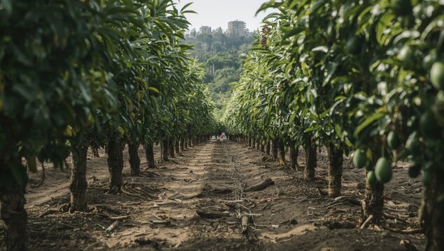 Mango Orchard Rows with Lush Green Trees and Soft Natural Light