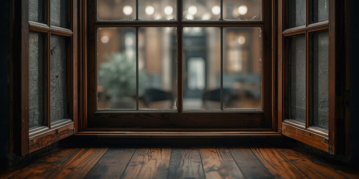 Rustic Window View of a Cozy Interior Space with Warm Lighting