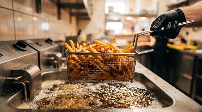 Crispy golden french fries draining inside a metallic wire basket held by a chef wearing black rubber gloves above bubbling hot oil in commercial fryer equipment.