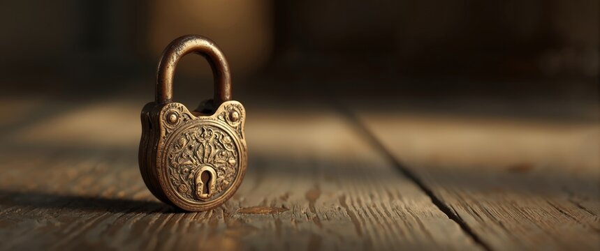 Vintage Padlock on Wooden Floor in Warm Soft Light