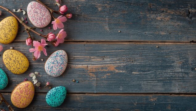 Colorful Easter Eggs Arranged on Rustic Wooden Background with Spring Flowers
