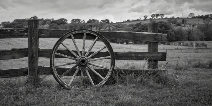 Worn Wooden Wagon Wheel Leaning Against a Rustic Fence in a Grassy Field