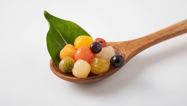 Colorful Fruit Pearls on a Wooden Spoon with Green Leaf Isolated on White