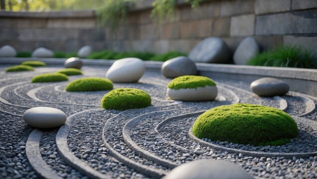 Dark day zen garden featuring moss-covered rocks.