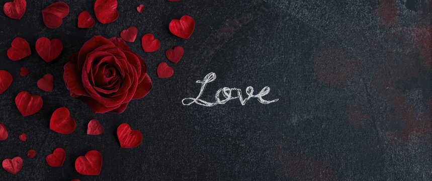 Red Rose Surrounded by Heart Shaped Petals with Love Message on Dark Background