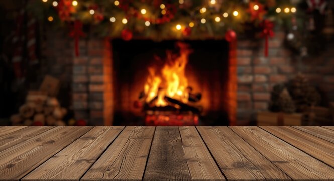 Cozy Fireplace with Warm Glow and Christmas Decorations in the Background