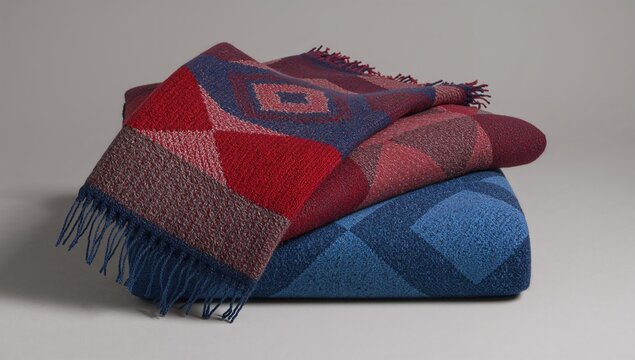 Textured Blankets in Red and Blue Colors Stacked on a Neutral Background