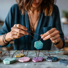 Obraz premium A woman is holding a handmade pendant with red string, surrounded by other colorful pendants on the table