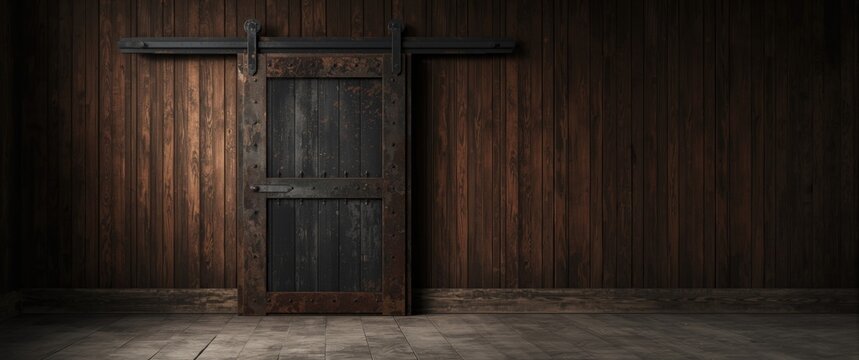 Rustic Barn Door on Wood Wall in Dim Lighting