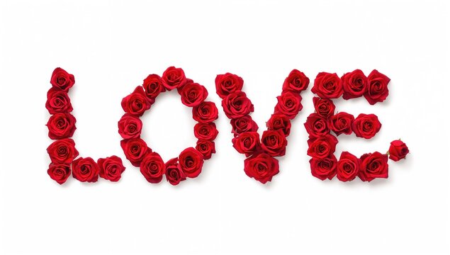 Red Roses Arranged to Spell Love on White Background