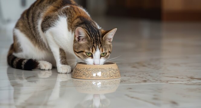 Cat Drinking from a Decorative Bowl on a Polished Floor