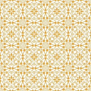 Yellow gold geometric seamless pattern with ornamental scroll, floral, and ethnic tile motifs on white background.