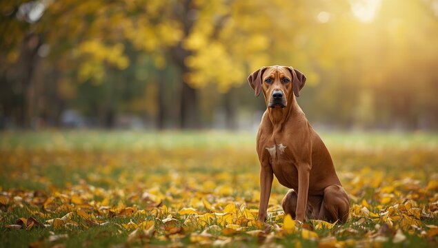 Rhodesian Ridgeback Sitting on Autumn Leaves in a Sunlit Park