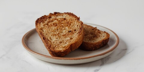 Naklejka premium Toasted Whole Grain Bread Slices on a Ceramic Plate with Minimal Background
