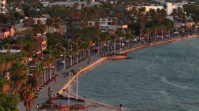 Aerial view of Malecon in La Paz, Baja California Sur, Mexico during golden hour.