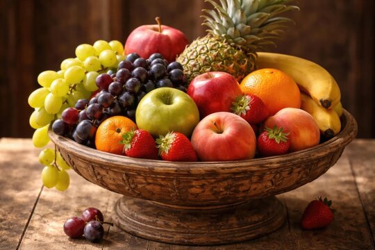 Colorful Assortment of Fresh Fruits in Wooden Bowl on Rustic Table