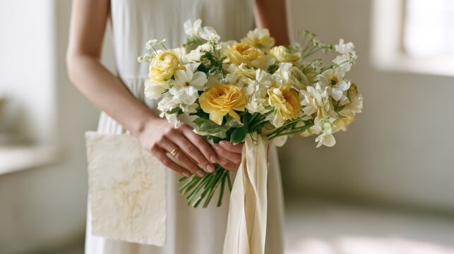 Gentle hands hold a vibrant bouquet of yellow and white blooms