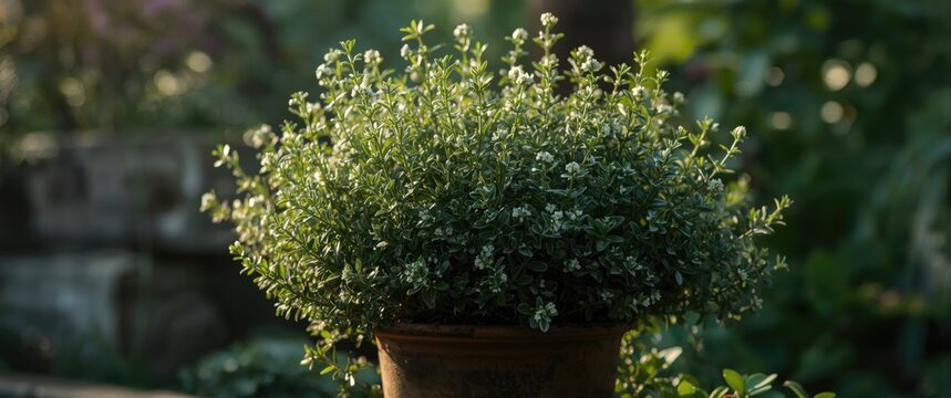 Potted Green Herb with Delicate Leaves in a Sunlit Garden Setting