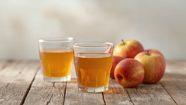 Fresh Apple Juice in Glasses with Red Apples on Rustic Wooden Table